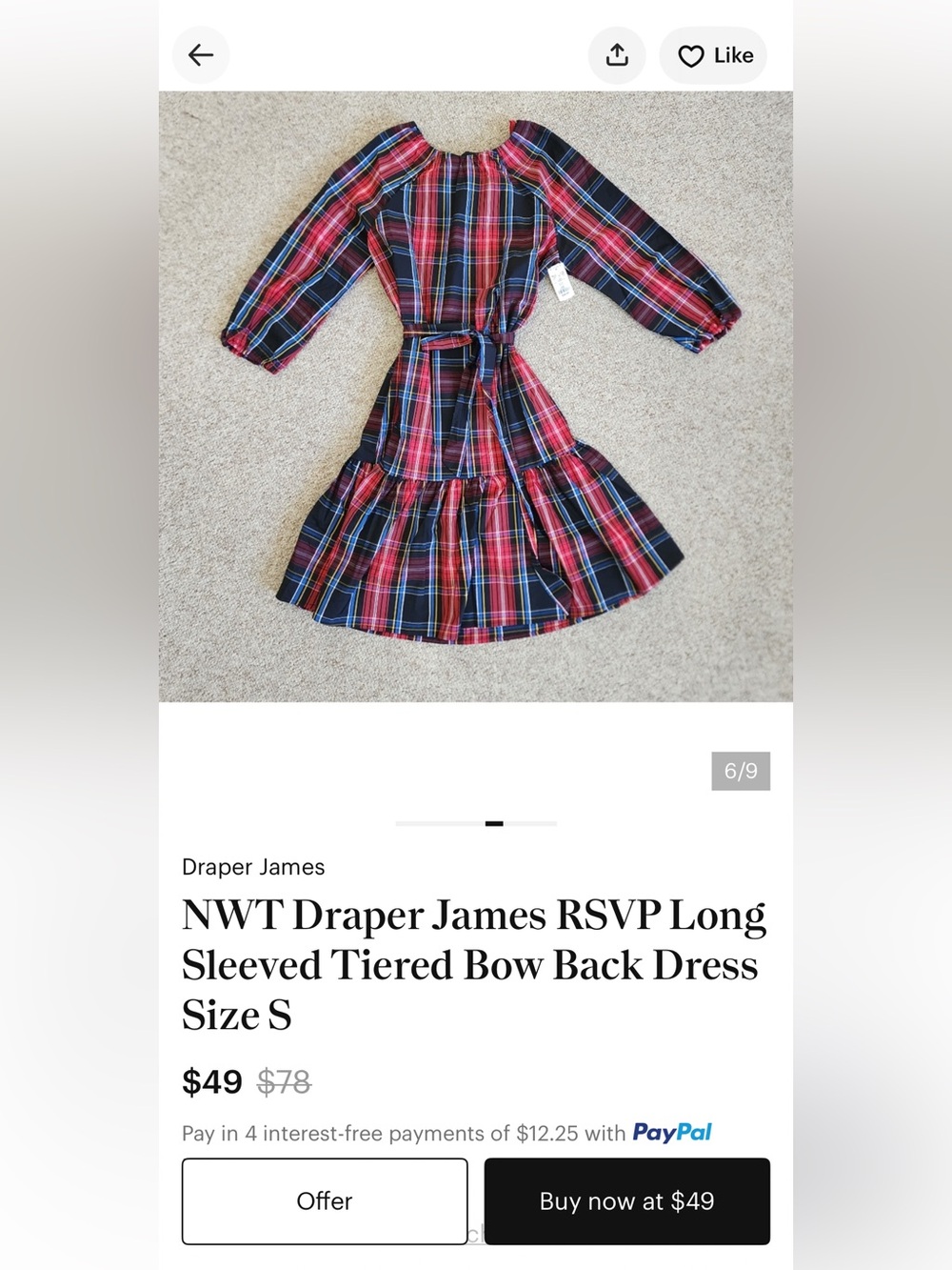 Draper James RSVP Long Sleeve Tiered Bow Back Dress Holiday Plaid Ruffle Belted - Picture 5 of 11
